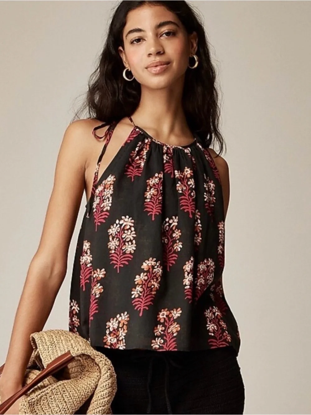 J. CREW NWT Tie-shoulder tank top in black block-print cotton size L